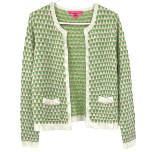 Lilly Pulitzer Viera Sweater Set Pink Green White Check Clear Sequin Women's Med - Picture 2 of 11